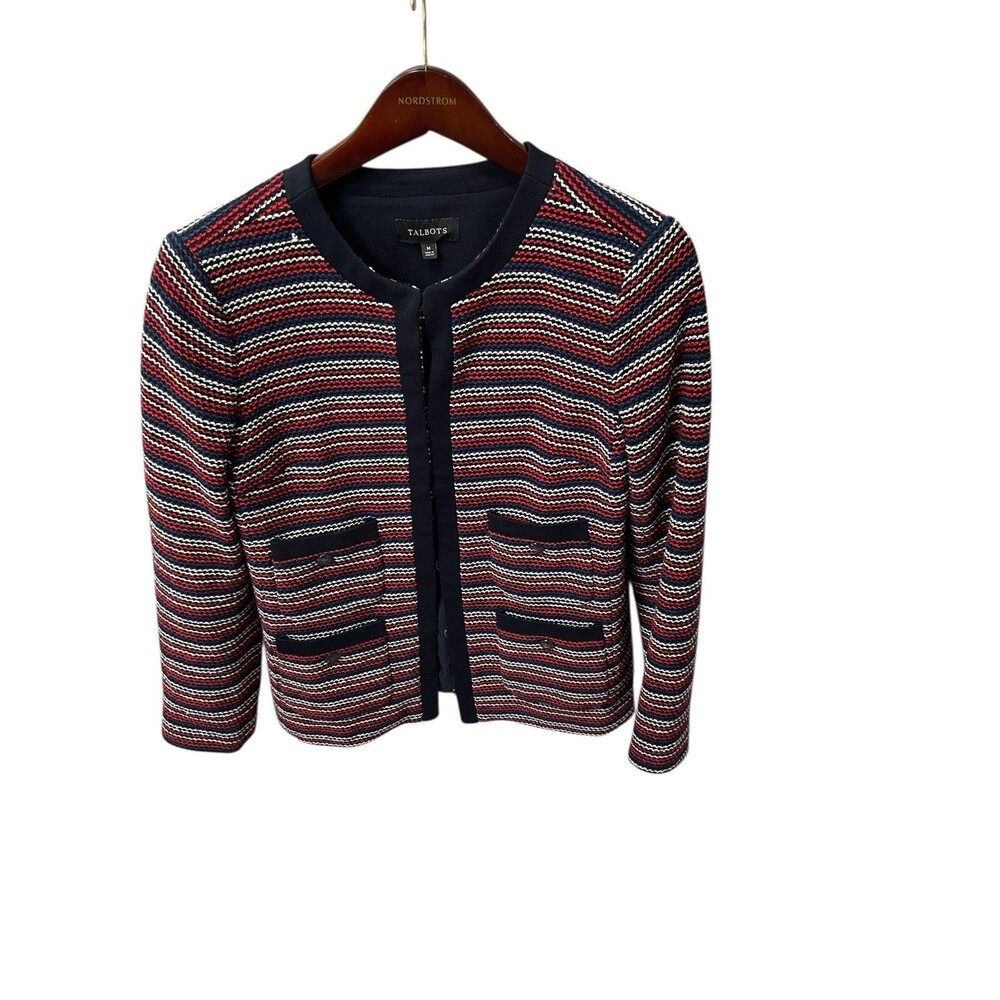 Talbots Boucle Stripe Cardigan Jacket Size Medium Blue Red White